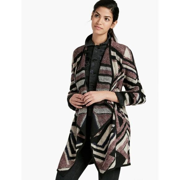 Lucky Brand Intarsia Aztec Textured Open Cascading Cardigan Sweater Medium Boho - Picture 1 of 11
